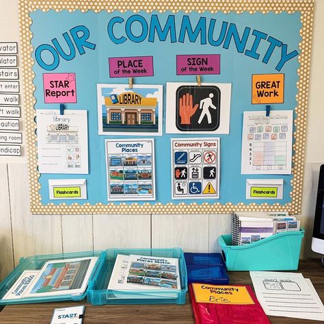 Teach community signs and places all year long to help your students be more successful in their community!  This FREE bulletin board set… Vocational Bulletin Boards, Vocational Bulletin Board Ideas, Community Signs Special Education Free, Bulletin Boards For Special Ed Classroom, Life Skills Bulletin Board Ideas, Life Skills Bulletin Board, Special Ed Bulletin Board Ideas, Special Education Bulletin Boards, Parent Bulletin Boards