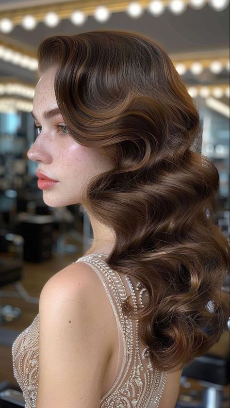 Hollywood Inspired Hairstyles, Hairstyles For A Ball Gown, Hairstyle Inspo For Prom, Waves Hairstyle Women, Hollywood Glam Long Hair, Classic Hair Wedding, Hollywood Waves Pinned Back, Classic Glam Wedding Hair, 1940s Waves Hair