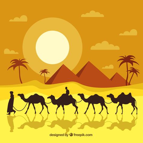 Egypt desert landscape background in flat design Free Vector Egyptian Drawings, Starověký Egypt, Camels Art, Desert Animals, Egyptian Pyramids, Theme Background, Desert Art, Night Landscape, Landscape Background