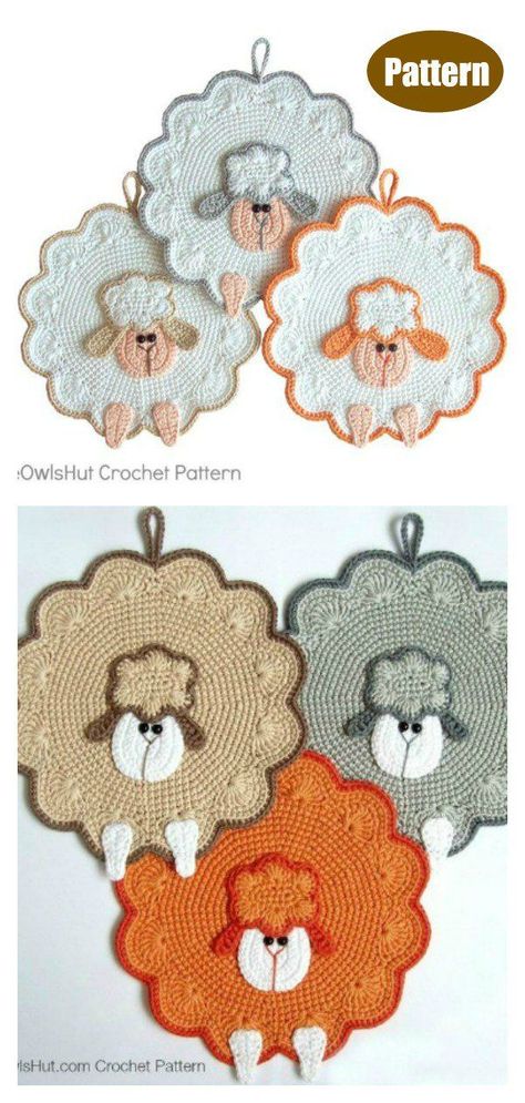 Sheep Potholder Crochet Pattern #crochetpotholder #crochetanimals #crochetpatterns Potholder Crochet Pattern, Ravelry Crochet Patterns, Crochet Pot Holders Free Pattern, Sheep Decor, Crochet Pot Holders, Crochet Potholder Patterns, Crochet Potholder, Crochet Hot Pads, Crochet Pot