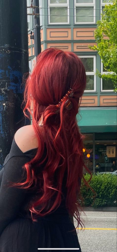 Long Red Hair Dyed, Reddish Orange Hair Color, Dark Red Hair With Balayage, Long Hairstyles Red Hair, Tanjiro Hair Color, Red Hair With Blue Underneath, Long Dyed Red Hair, Light Red Hair Aesthetic, Cherry Copper Hair Color