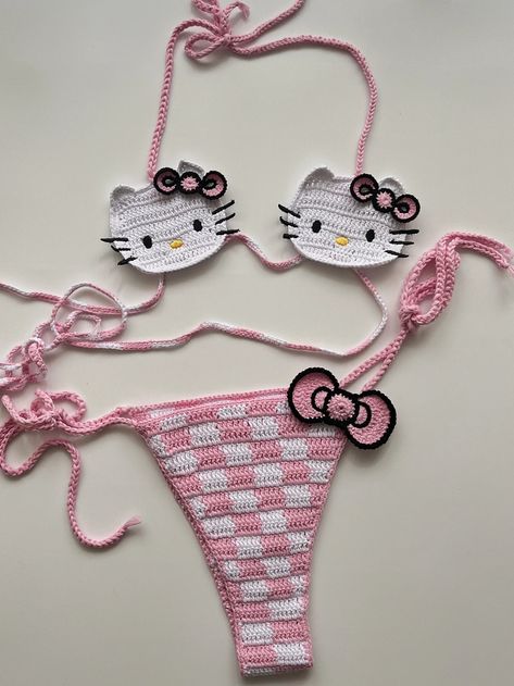 "bathing suit is so cute! i feel like the only thing is the top is barely covering my nipples 😭😅😅😅maybe this bathing suit is meant for people with smaller breasts." - alexa s. Pink Hello Kitty Outfit, Ropa Hello Kitty, Hello Kitty Ropa, Hello Kitty Design, Kitty Makeup, Images Hello Kitty, Hello Kitty Crochet, Kitty Clothes, Kitty Items