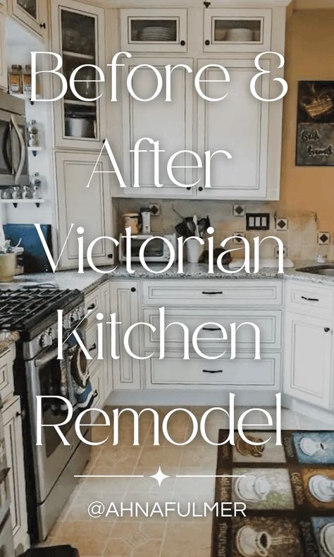 Learn tips to renovate your kitchen on a budget and check out the before and after photos of our 1890 vintage Victorian kitchen renovation. Tap on this pin to get this DIY tutorial and more with Ahna Fulmer // HammersNHugs.com. #victorianhome #kitchenreno #homereno Period Kitchen Renovation, Victorian Remodel Before After, Victorian Home Kitchen Ideas, Kitchens In Victorian Houses, Victorian House Renovation Kitchen, Historic Home Renovation Kitchen, Victorian Interiors Kitchen, Old House Renovation Kitchen, Kitchen Remodel Victorian House