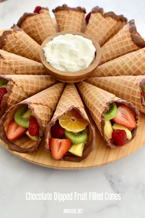 Chocolate Dipped Fruit Filled Cones | NoBiggie Dipped Fruit, Chocolate Dipped Fruit, Charcuterie Recipes, Fruit Dishes, Fruit Dip, Waffle Cones, Party Food Appetizers, Food Platters, Chocolate Dipped