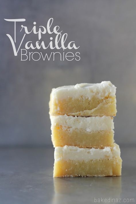 Triple Vanilla Brownies. These are amazing! - bakedinaz.com - Classy Clutter Recipe Contributor Triple Vanilla Brownies, Vanilla Dessert Recipes, Brownies Chewy, Amazing Brownies, Crunch Brownies, Vanilla Brownies, Vanilla Dessert, Resep Brownies, White Choc