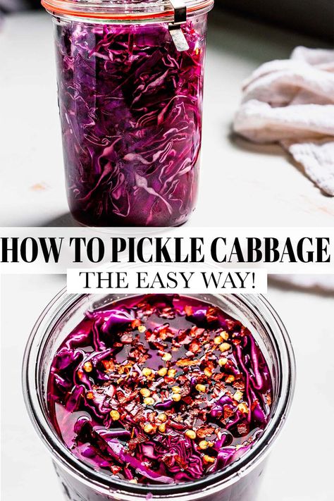 Easy Quick Pickled Cabbage (Red OR Green) Cabbage Varieties, Pickled Red Cabbage, Red Cabbage Recipes, Quick Pickled Cucumbers, Pickled Cabbage, Weeknight Recipes, Cabbage Recipe, Easy Veggie, Purple Cabbage