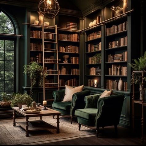 Rich Library Aesthetic, Modern Gothic Home, Green Dark Academia, Dark Academia Office, Library With Fireplace, Dark Academia Home, Green Library, Melbourne Apartment, Home Office Shelves