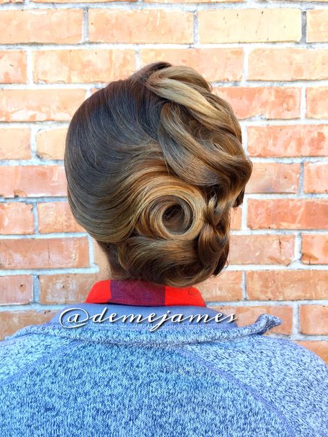 Created this #updo for her Roaring 20's #theme #birthday #party!! #demejames #hairstylist #hairstyle #style #updo #beauty #glam #20s #20shair #flapper #pretty #fashion #DemetriaJames Old Fashioned Updos, 40s Hairstyles For Long Hair Updo, Vintage Formal Hairstyles, 1920s Long Hairstyles, Decade Hairstyles, Old Hollywood Hair Updo, 1920s Updo, Roaring 20s Hairstyles For Long Hair, Old Hollywood Updo