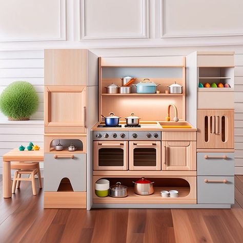 Kids Kitchen Playroom, Diy Wood Play Kitchen, Wood Play Kitchen, Kids Play Kitchen Kidkraft, Wood Play Kitchen Accessories, Wooden Kitchen Set, Wooden Play Kitchen Kidkraft, Kids Toy Kitchen, Play Kitchens