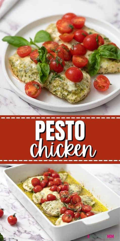 Pesto Chicken is one of the easiest, most flavorful recipes for chicken breast. Coated with pesto, smothered in cheese, and topped with fresh tomatoes, humble chicken breasts turn into an elegant meal with minimal effort. Recipes For Chicken Breast, Pesto Chicken Bake, Recipes For Chicken, Baked Pesto Chicken, Chicken Pesto Recipes, Quick Healthy Dinner, Healthy Family Dinners, Chicken Bake, Homemade Pesto