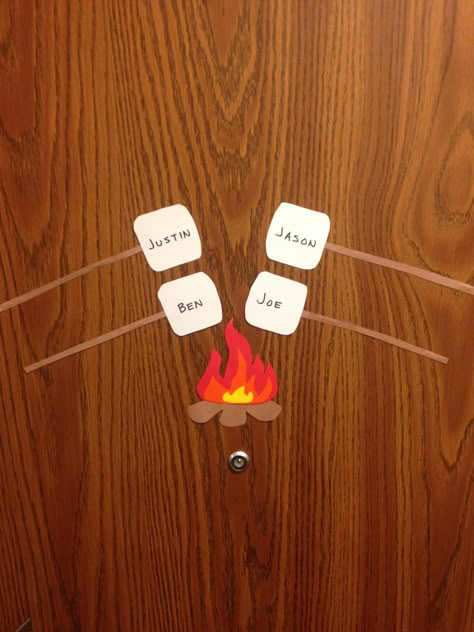 RA Campfire S'more Door Decs for a guys floor Dorm Room Door Signs Diy, Where Is My Ra Sign, Door Dec Ideas, Dorm Name Tags, Ra College, Door Name Tags, Resident Assistant Door Decs, Res Life Door Decs, Dorm Vibes