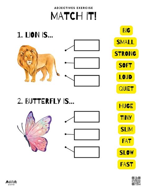 Perfect activity for primary school kids wanting to learn more about adjectives and English language in general. Activity is quite easy and straightforward, pick an adjective that describes animal and write it in the box. Here you will have to describe a lion and butterfly. Lion And Butterfly, Pictionary For Kids, Adjective Activities, Adjectives For Kids, Adjectives Exercises, Person Place Thing, Adjectives Activities, English Grammar Exercises, English Adjectives