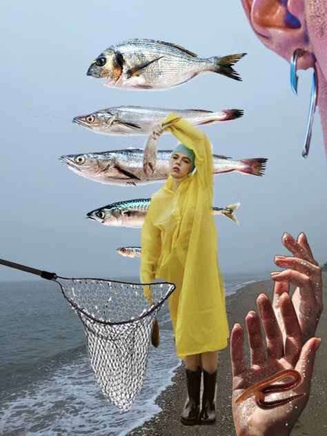 Campy Photography, Fish Eye Editorial, Fisherman Photoshoot, Nautical Editorial, Fishing Editorial, Fish Photoshoot, Fishing Photoshoot, Fisherman Aesthetic, Surrealism Fashion