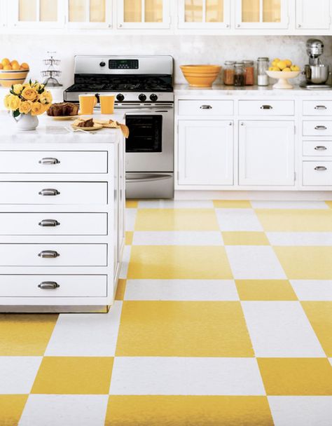 Mint Green Furniture, Blue Floor Tile, Marmoleum Floors, Martha Stewart Home, Plywood Flooring, Patterned Floor Tiles, Linoleum Flooring, Yellow Kitchen, Kitchen Floor