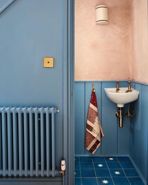 Bert & May on Instagram: "The cutest WC that we ever did see, @farstud.o 💙 A sneak peek of our Luna Sapphire & Small Sapphire, it's a total dream. #bertandmay #wc #downstairsloo #startiles #floortiles #bluebathroom #blue #handmadetiles #smallbathroom" Tiled Hallway, Natural Pigments, Large Format Tile, Bathroom Shower Tile, Encaustic Tile, Blue Backdrops, Outdoor Tiles, Blue Bathroom, Square Tile