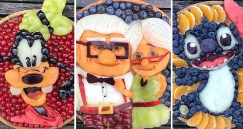 We Can't Stop Looking at These Disney-Themed Fruit Creations | Disney Dining Character Fruit Tray, Disney Fruit Tray Ideas, Stitch Fruit Platter, Moana Fruit Platter, Food Tray Ideas, Veggie Cups, Fruit Platter Designs, Fruit Creations, Fruit Display