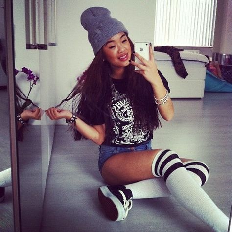 Beanie, T-Shirt, High Waisted Shorts, Thigh High Socks, Combat Boots High Sock Outfits, Thigh High Socks Outfit, Black Fluffy Jacket, High Socks Outfits, Skater Girl Style, Socks Outfit, Sock Outfits, Thigh High Socks, Dope Fashion