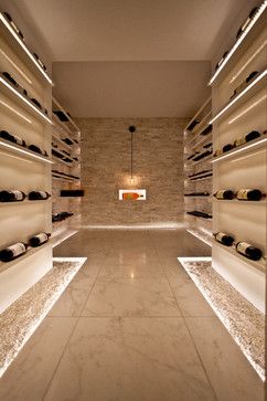 Wine Cellar Lighting, White Marble Tile Floor, Contemporary Wine Cellar, Wine Cellar Basement, Contemporary Bathroom Lighting, Toronto Home, Kitchen Lighting Design, White Marble Floor, Home Wine Cellars