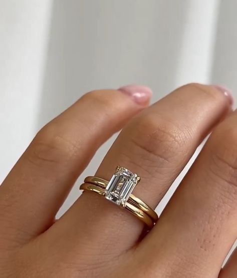 Wedding Rings Slim Band, Simple Wedding Rings Gold Band, Horizontal Rectangle Engagement Ring, Plain Wedding Band With Engagement Ring, Simple Wedding Bands For Women, Wedding Ring Stack Ideas, Timeless Wedding Rings, Rectangle Engagement Rings, Minimalist Wedding Band