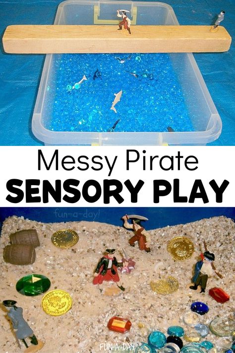 The walk the plank sensory bin will be a hit during your next pirate theme! Love these pirate messy play ideas. Pirates Sensory Activities, Pirate Day Preschool Activities, Preschool Pirates Theme, Pirate Week Preschool Activities, Pirate Theme Preschool Crafts, Pirate Messy Play, Pirate Sensory Play, Pirates Activities For Toddlers, Toddler Pirate Activities