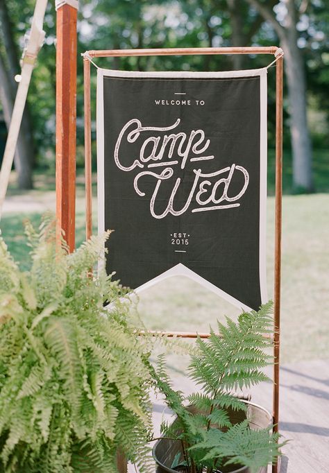 Camp Signage, Camp Wandawega, Campground Wedding, Summer Camp Wedding, Camping Signs, Camp Wedding, Wedding Banner, Camping Theme, Theme Color