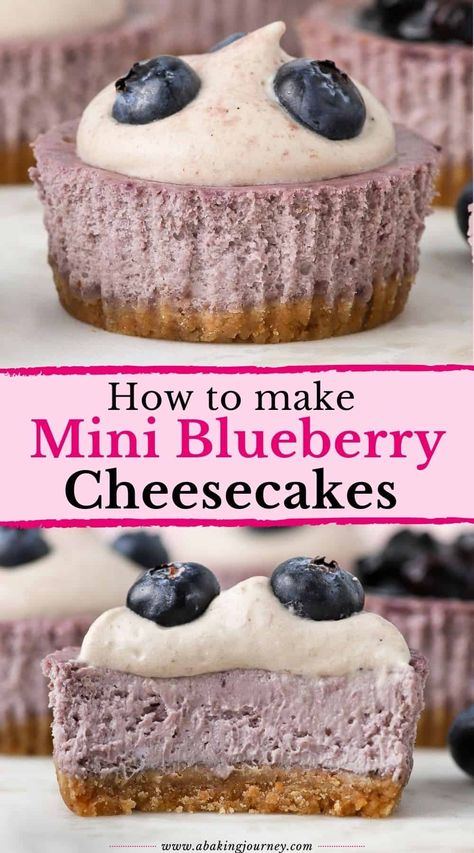 These Mini Blueberry Cheesecakes with Blueberry Whipped Cream topping make the most delicious and light little treat for an afternoon tea party, Holiday party or fancy gathering. Mini Blueberry Cake, Blueberry Whipped Cream, Mini Blueberry Cheesecakes, Cheesecakes Recipes, Whipped Cream Topping, Individual Cheesecakes, Mini Cheesecake Recipes, Cheesecake Cups, Afternoon Tea Party