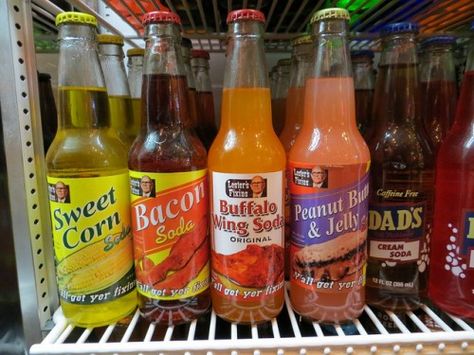 Sweet Corn, Buffalo Wing, Bacon, Peanut Butter and Jelly.  They are all Sodas!!!    Ever since I saw Bacon Soda, I keep hearing the Primus Song in my head, Pork Soda. Kahlua Cake, Jones Soda, Soda Maker, Soda Flavors, Gross Food, Bizarre Foods, Peanut Butter Jelly, Funny Food, Cream Soda