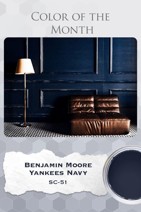 Benjamin Moore Yankees Navy is our color of the month! Discover everything you need to know about this beautiful navy blue paint color in our latest article. #paintcolorideas #paintcolortrends #benjaminmoore #yankees Benjamin Moore Navy Blue Paint Colors, Polo Blue Benjamin Moore, Navy Paint Color, Blue Paint Swatches, Paint 2024, Navy Paint Colors, Navy Blue Paint Colors, Office Update, Blue Paint Color