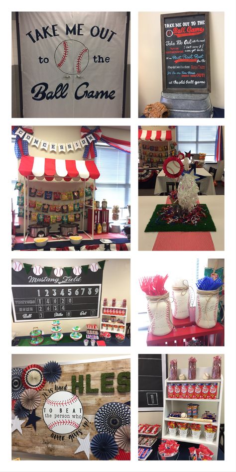 Take me out to the ballgame!  Teacher appreciation Luncheon / Party with a Ballpark / Baseball theme.  Baseball door decoration. Baseball centerpieces Baseball scoreboard wall decor Concession stand tablescape. Baby Shower Snacks Boy, Baseball Centerpiece, Teacher Appreciation Luncheon, Shower Snacks, Baseball Theme Birthday, Baseball First Birthday, Concession Stands, Baby Shower Snacks, Baseball Theme Party