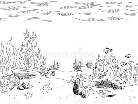 Underwater graphic sea black white sketch illustration vector vector illustration Under The Sea Drawings, Clip Art Fish, Under The Sea Background, Underwater Drawing, Underwater Cartoon, Ocean Drawing, Sea Drawing, Sea Illustration, Drawing Water