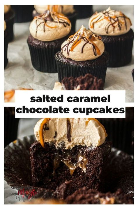 Chocolate Caramel Cupcakes, Salted Caramel Filling, Easy Salted Caramel, Moist Chocolate Cupcakes, Chocolate Cupcake Recipe, Salted Caramel Cupcakes, Caramel Filling, Fun Cupcake Recipes, Easy Caramel