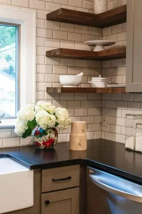 thick wooden corner shelves in a farmhouse kitchen add texture and interest to the space - DigsDigs Wooden Corner Shelf, Corner Cabinet, Corner Shelves, Farmhouse Kitchen, Open Shelving, Space Saving, Farmhouse, Shelves