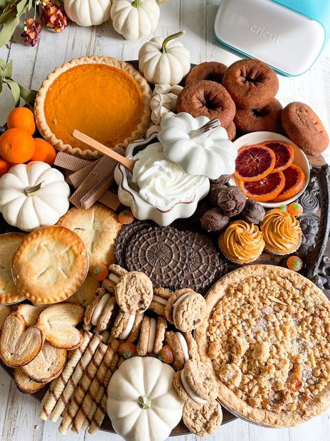 #ad Make a delicious and stunning Fall dessert charcuterie board that is perfect for Fall entertaining. I'm sharing all the details how to make this stunning masterpiece and how you can personalize the board with your Cricut machine. #CricutMade Round Board Charcuterie, Autumn Charcuterie Board Aesthetic, Fall Dessert Platter, Fall Desert Board, Dessert Board Halloween, Fall Themed Dessert Charcuterie Board, Dessert Thanksgiving Charcuterie Board, Thanksgiving Desserts Charcuterie Board, Dessert Board Thanksgiving