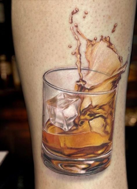 Whiskey Tattoo Jack Daniels Tattoo, Whiskey Tattoo, Tattoo Bottle, Ice Tattoo, Wine Glass Tattoo, Wine Tattoo, Tatoo 3d, Glasses Tattoo, Old Fashioned Drink