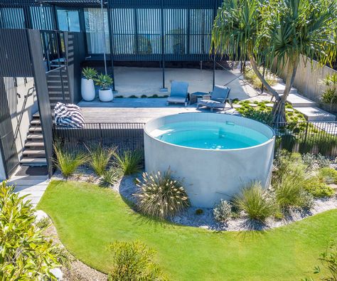 Plunge pool ideas: 11 compact designs for small backyards | Diy Above Ground Pool Landscaping, Above Ground Pool Deck Ideas, Diy Above Ground Pool, Round Above Ground Pool, Above Ground Pool Deck, Modern Water Feature, Pool Deck Plans, Pool Deck Ideas, Best Above Ground Pool