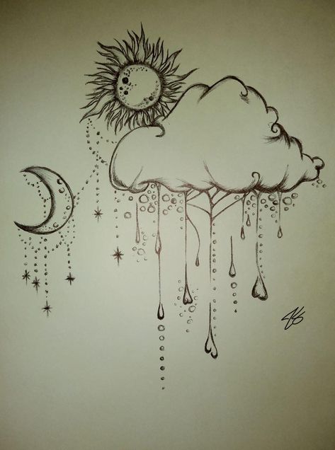 Moon Clouds And Stars Tattoo, Drawing Ideas Clouds, Fairytale Drawings Easy, How To Draw A Sun, Moon And Clouds Drawing, Celestial Sketch, Raindrop Drawing, Sky Drawings, Clouds And Stars Tattoo