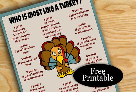 I am sharing a fun free printable Thanksgiving game for the whole family today named “Who is Most like a Turkey?”. I have made two printables for this fun game. This game can be played by a big family and large groups of people and is also suitable for all age groups. You can easily print this game using a color printer at your home. How to Play Print the game cards in the design of your choice. You can[Read more] The post Who is Most like a Turkey? Free Printable Thanksgiving Gam... Who Is Most Like A Turkey Free Printable, Turkey Dice Game Printable, What's Your Turkey Name Free Printable, Turkey Free Printable, Turkey Name Game, Blessings Party, Turkey Games, Thanksgiving Family Games, Free Printable Thanksgiving