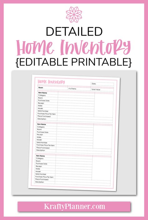 Detailed Home Inventory Add-On {Editable Printable} — Krafty Planner Household Inventory Printable Free, Home Inventory List Insurance, Home Inventory List Free Printable, Home Inventory List, Inventory Printable, Financial Budget Planner, Property Insurance, Inventory List, Planner Calendar Printables