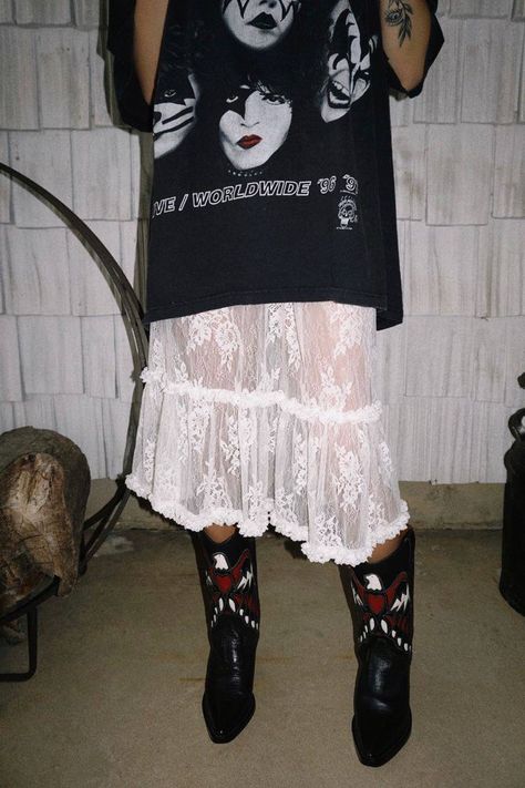 Lace Sheer Skirt, White Boots Styling, White Sheer Skirt Outfit, Cowboy Boots Outfit Grunge, Lace Skirt Cowboy Boots, How To Style A Lace Skirt, White Skirt Cowboy Boots Outfit, Sheer White Skirt Outfit, Sheer Lace Skirt