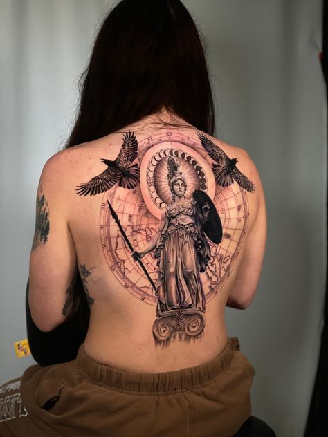 #microrealism Athena Back Tattoo, Back Tattoo Realism, Athena Tattoo, Full Back Tattoo, Tattoo Realism, Goddess Athena, Full Back Tattoos, Athena Goddess, Back Tattoo