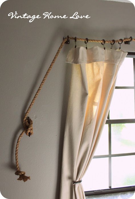 Vintage Home Love: Rope Curtain Rod! AND DIY Curtains! Rope Curtain Rod, Nautical Curtains, Rope Curtain, Diy Curtain Rods, Drop Cloth Curtains, Gold Curtains, Rv Decor, Nautical Home, Drop Cloth