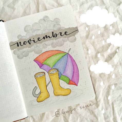 Rain Bullet Journal Theme, Umbrella Bullet Journal, Rain Bullet Journal, November Bullet Journal Cover, Journal Cover Ideas, Yellow Wellies, November Bullet Journal, Monthly Bullet Journal, Rainbow Umbrella