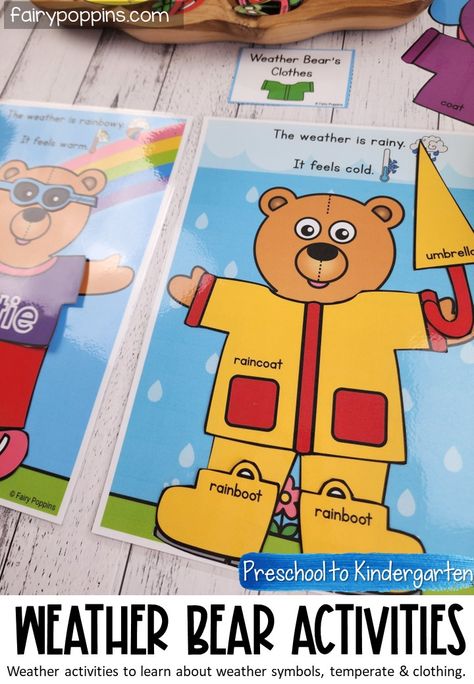 These hands-on weather activities include a dress the weather bear, weather chart, activity mats and weather worksheets. They help kids learn about weather symbols, temperature and suitable clothing for each type of weather. #weatheractivities #weatherunit #weatherbear #weatherchart #weatherworksheets #prek #preschool #kindergarten #firstgrade Weather Games For Kids, Weather Kindergarten, Weather Activities Preschool, Bear Activities, Weather Activities For Kids, Weather Lessons, Weather Worksheets, Preschool Weather, Weather Chart