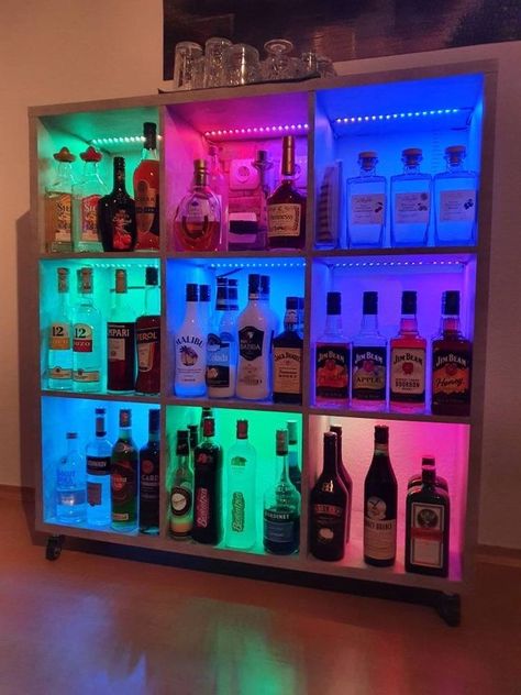 Led Light Furniture, Kallax Lighting, Led Lights Apartment, Cube Shelf Ideas, Led Living Room Ideas, Cube Shelf Decor, Game Night Aesthetic, Bar Shelf Ideas, Step Shelf