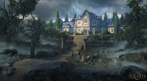 ArtStation - Solasta Crown of the Magister : Illusory mansion, Karine Villette Fantasy Mansion Concept Art, Mansion Fantasy Art, Fantasy Mansion Art, Dnd Fae, Mansion Concept Art, Dnd Village, Fantasy Mansion, Mansion Art, Mystery Story