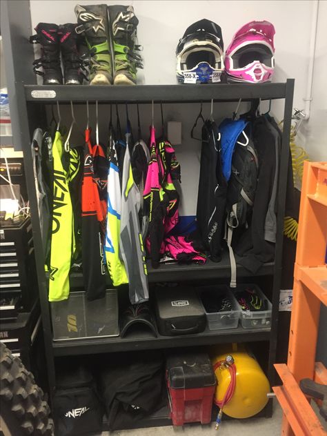 Motocross Gear storage Bike Gear Storage, Motocross Room, Dirt Bike Riding Gear, Dirt Bike Room, Motocross Girls, Bike Storage Garage, Gear Room, Dirt Bike Gear, Motorcycle Storage