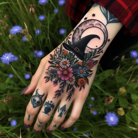 Psychic Tattoos For Women, Neo Traditional Witchy Tattoos, Halloween Hand Tattoos For Women, Witchy Aesthetic Tattoo, Witchy Wrist Tattoo, Dark Witchy Tattoos, Cute Witch Tattoo, Womans Sleeve Tattoo Ideas, Witch Finger Tattoos