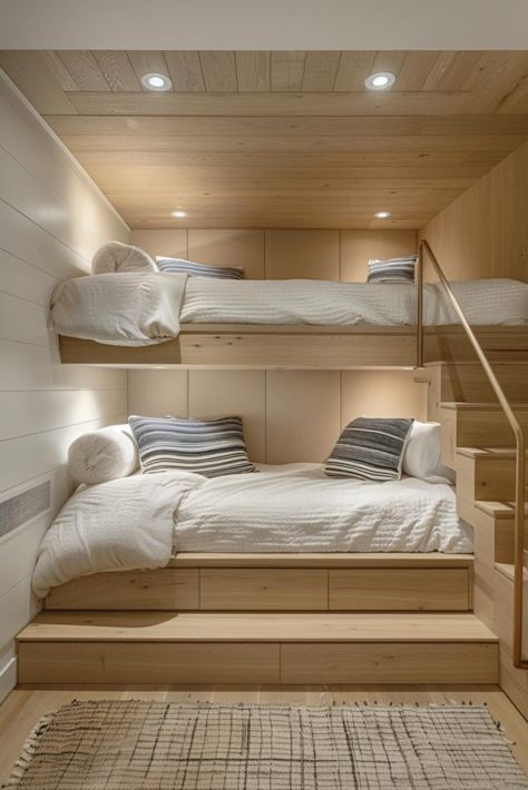 40 Bunk Room Ideas: Designs for Fun, Space-Saving Solutions Bunkroom Ideas Grandkids, Small Bedroom Loft Bed, Bunkbeds Design Small Room, Small Bedroom Bunk Bed, Sunken Bed, Girls Room Organization, Bunk Room Ideas, Grandkids Room, Tiny House Furniture