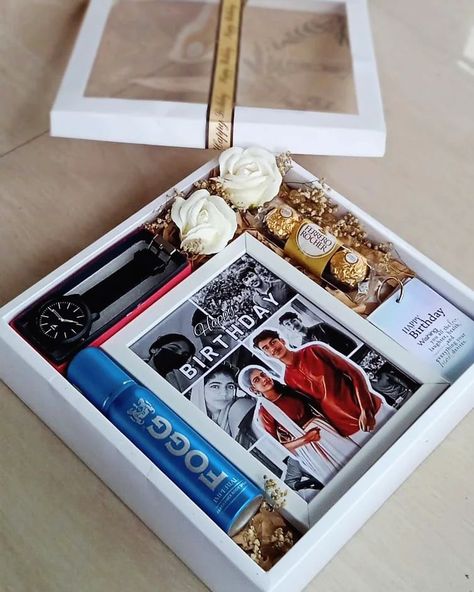 Birthday gift box✨ Includes: Photo Frame Watch Ferrero Rocher Perfume Ring Album(27photos) Wish card DM for Orders @crafting_with_zana All India Delivery Available ✅ Birthday box | Birthday hamper | Customised gifts #birthdaygift#customization#reelskeralagram#photochocolate#photomug#customizedgifts#birthdayhamperbox#fyp Frame Packing Ideas, Perfume Birthday Gift, Box Gift Ideas, Gift Box For Him, Birthday Wishes For Lover, Birthday Hamper, Birthday Hampers, Birthday Collage, Hamper Boxes