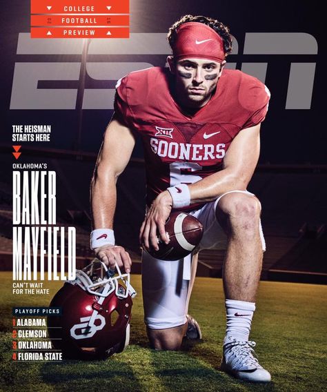 Baker Mayfield on Cover of ESPN Magazine Ou Sooners Football, Sports Magazine Covers, Football Ads, Sooners Football, Oklahoma Sooners Football, Ou Football, Oklahoma Football, Sports Design Ideas, Espn Magazine